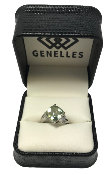 RM2814W 14K White Gold .02CTW Diamond / Cushion Cut Pale Green Stone Ring