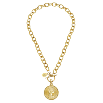 Susan Shaw Gold Queen Elizabeth Coin Toggle Necklace