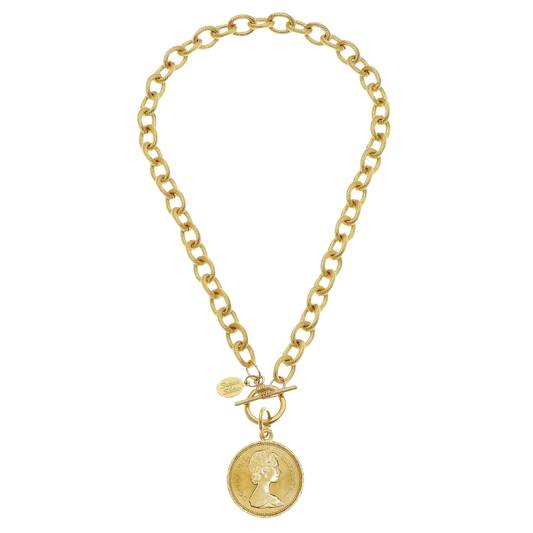 Susan Shaw Gold Queen Elizabeth Coin Toggle Necklace