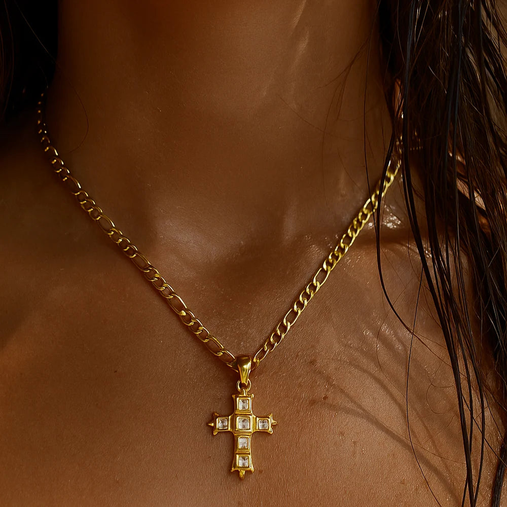 351 Ellie Vail Waterproof Gold-Plated Stainless-Steel Maren Figaro Chain Cross Necklace