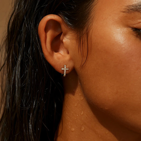 481 Ellie Vail Waterproof Gold-Plated Stainless-Steel Ridge Cross Huggie Hoop Earrings