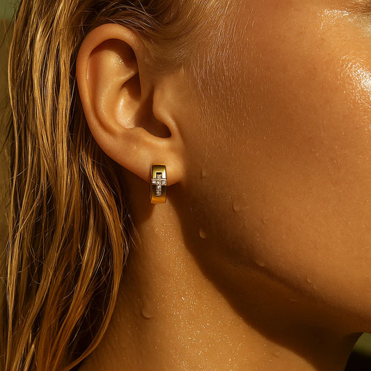 473 Ellie Vail Waterproof Gold-Plated Stainless-Steel Denali Cross Huggie Hoop Earrings