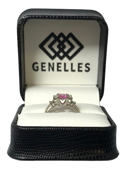 U 10K White Gold Pink / Clear Stone Ring with Heart cut out under Stones