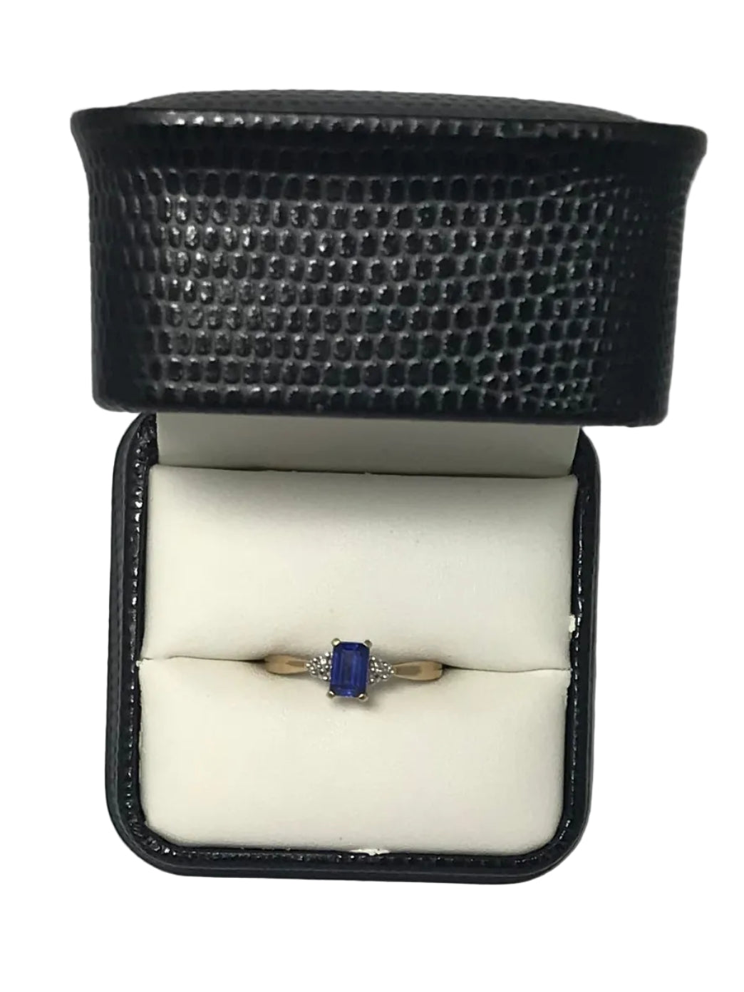 U 10K Yellow Gold Blue Stone Ring with Clear Stone Side Accents