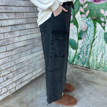 Soft Breeze Wide Leg Pants In Black Mineral Wash - Plus Size