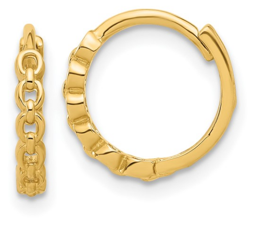 10K Yellow Gold Round Link Pattern Huggie Hoop Earrings
