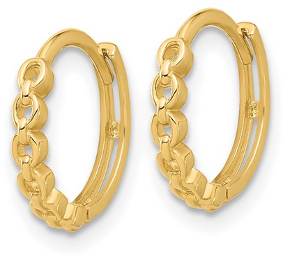 10K Yellow Gold Round Link Pattern Huggie Hoop Earrings