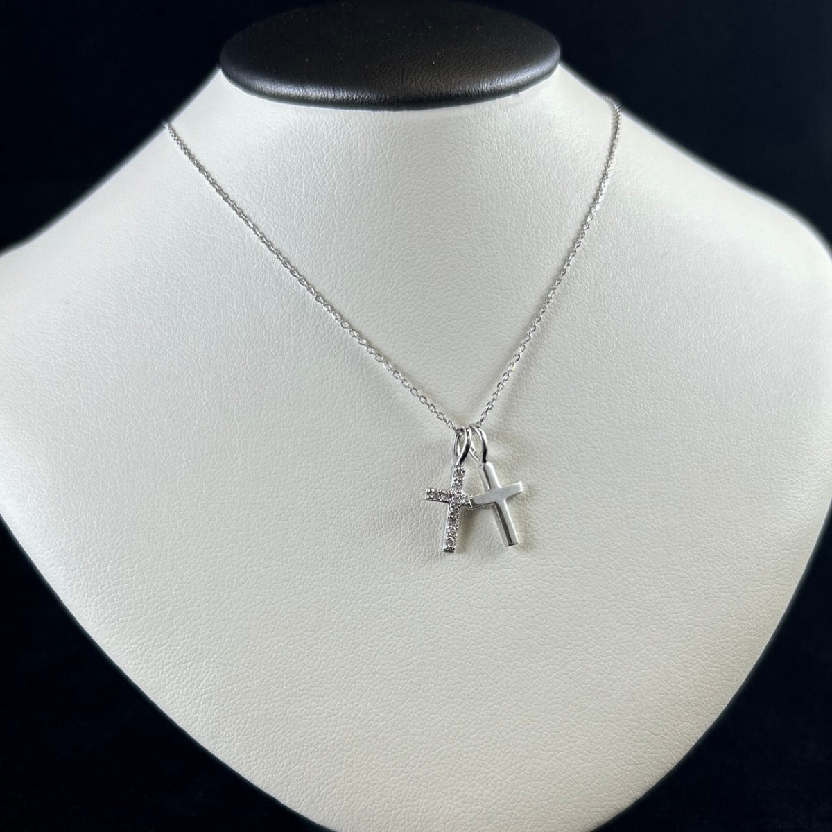 10K White Gold .10CTTW Double Cross Necklace