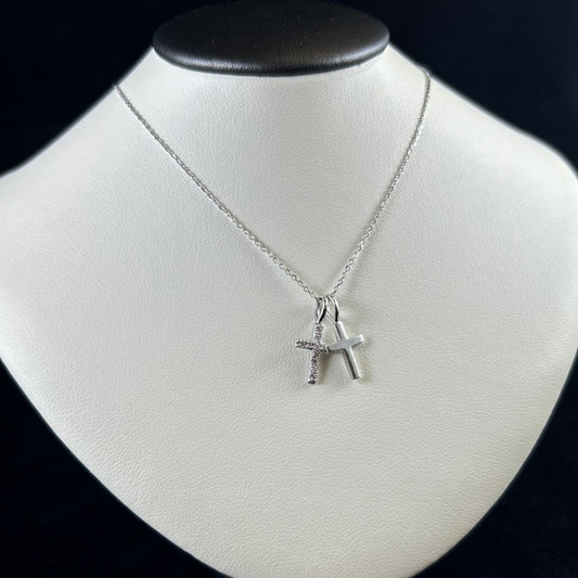 10K White Gold .10CTTW Double Cross Necklace