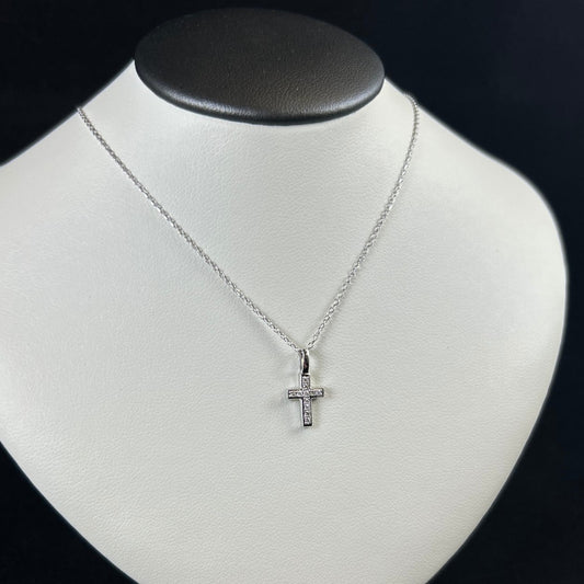 10K White Gold .05CTTW Small Diamond Cross Necklace