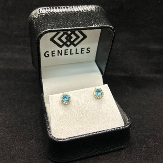 10K Yellow Gold .16CTTW Diamonds & 1CTTW Blue Topaz Birthstone Earrings