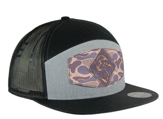 Mallard Old School Camo Brown Leather Patch Hat - Heather Grey & Black