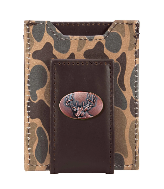 Buck Men's Magnetic Front Pocket Old School Camo Leather Wallet - Brown