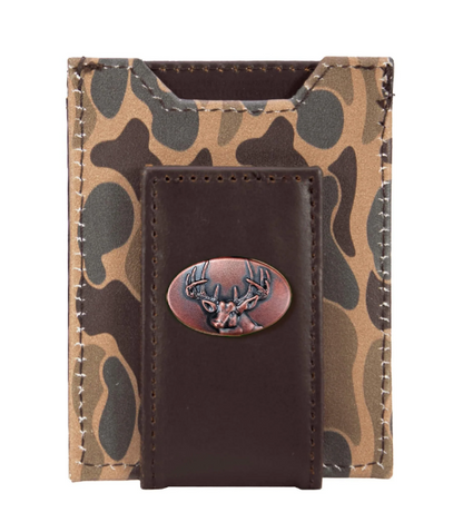 Buck Men's Magnetic Front Pocket Old School Camo Leather Wallet - Brown