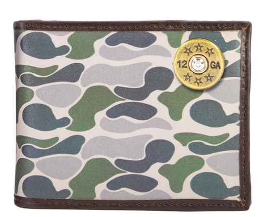 Shot Shell Men's Bifold Old School Camo Leather Wallet - Green