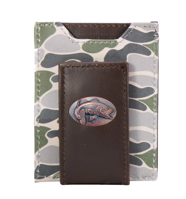 Bass Men's Magnetic Front Pocket Old School Camo Leather Wallet - Green