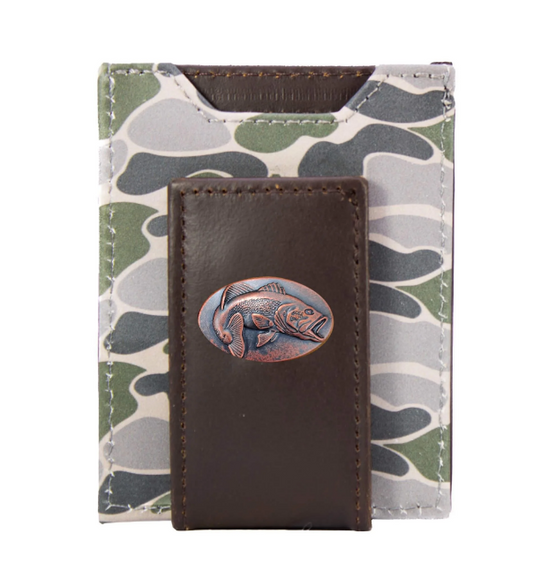 Bass Men's Magnetic Front Pocket Old School Camo Leather Wallet - Green