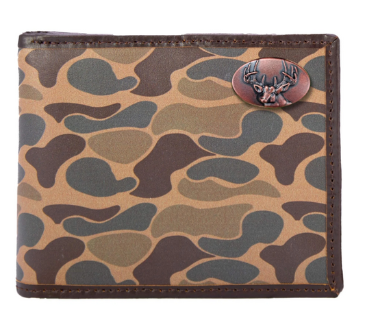 Buck Men's Bifold Old School Camo Leather Wallet - Brown