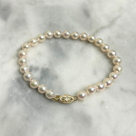 14K Yellow Gold 6x6.5 Akoya Saltwater Pearl Bracelet - 7.5"