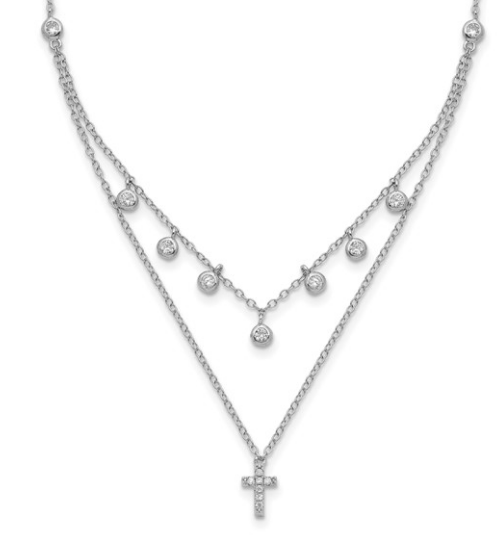 Sterling Silver Cubic Zirconia Double Chain Cross Necklace