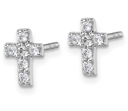 Sterling Silver Rhodium Plated White Cubic Zirconia Cross Post Earrings