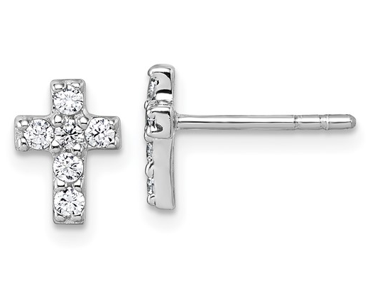Sterling Silver Rhodium Plated White Cubic Zirconia Cross Post Earrings