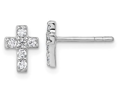 Sterling Silver Rhodium Plated White Cubic Zirconia Cross Post Earrings