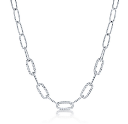 M-7000 Sterling Silver 5mm Cubic Zirconia Paperclip Necklace 18" 0