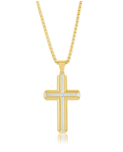Stainless Steel Sand Blasted Cubic Zirconia Cross Necklace