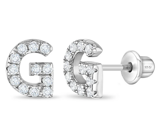 Sterling Silver Cubic Zirconia Letter Initial Earrings - G