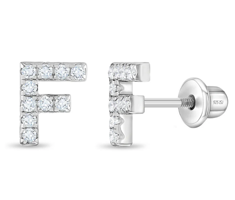 Sterling Silver Cubic Zirconia Letter Initial Earrings - F