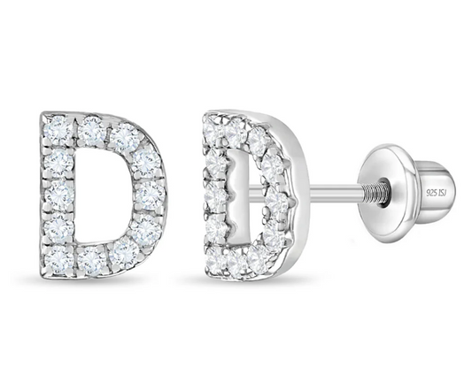 Sterling Silver Cubic Zirconia Letter Initial Earrings - D