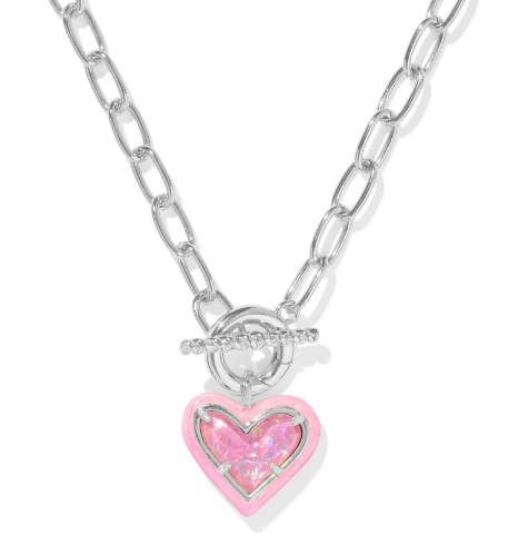 Kendra Scott Ari Heart Enamel Frame Link & Chain Necklace in Silver Pink Iridescent Glitter