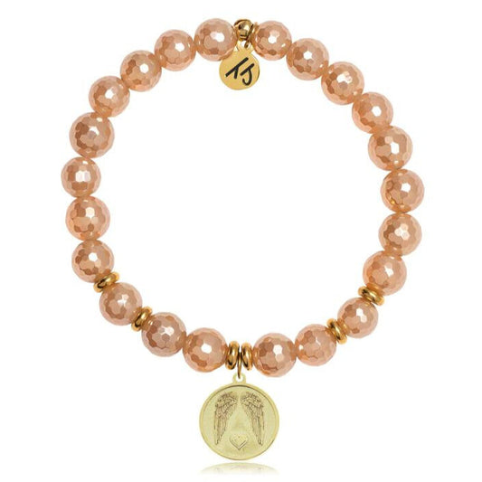 Champagne Agate Gemstone Beaded Bracelet with Guardian Gold Charm
