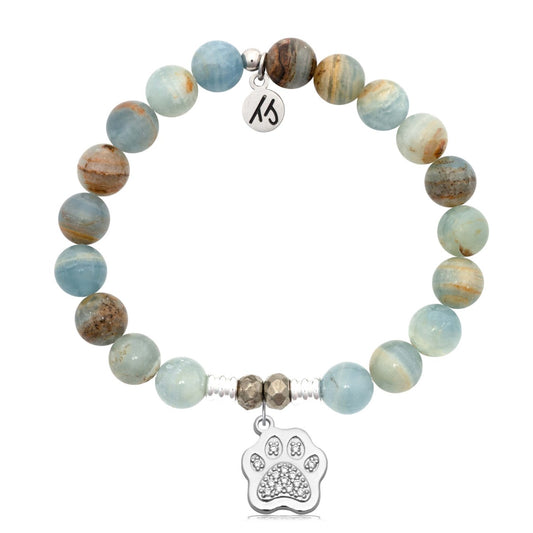 Blue Calcite Gemstone Beaded Bracelet with Paw Cubic Zirconia Charm