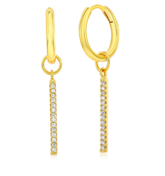 Sterling Silver Gold Plated Vertical Bar Cubic Zirconia Huggie Hoop Earrings
