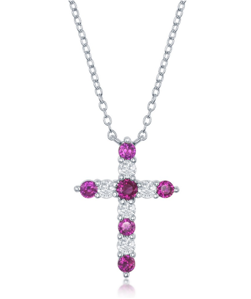 Sterling Silver Birthstone Cross Necklace - Ruby