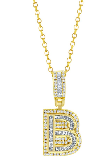 Sterling Silver Gold Plated Cubic Zirconia Baguette Initial Necklace - Letter B