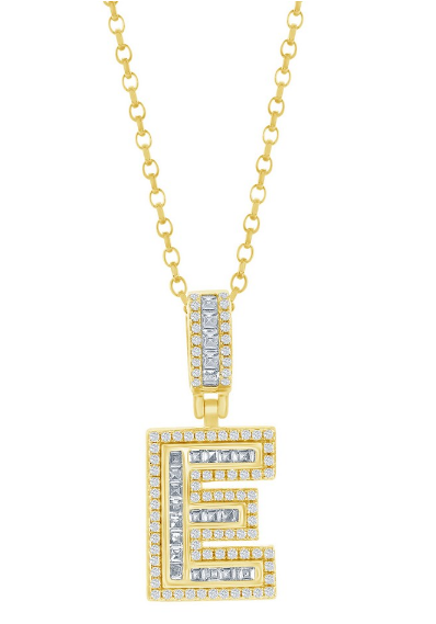 Sterling Silver Gold Plated Cubic Zirconia Baguette initial Necklace - Letter E