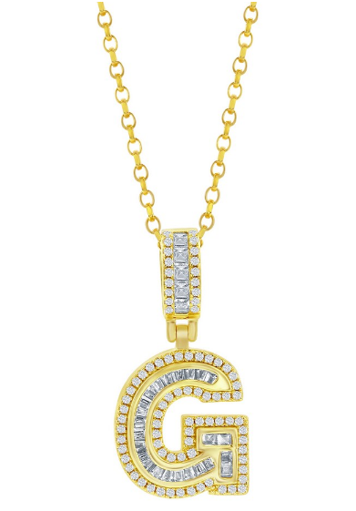 Sterling Silver Gold Plated Cubic Zirconia Baguette Initial Necklace - Letter G