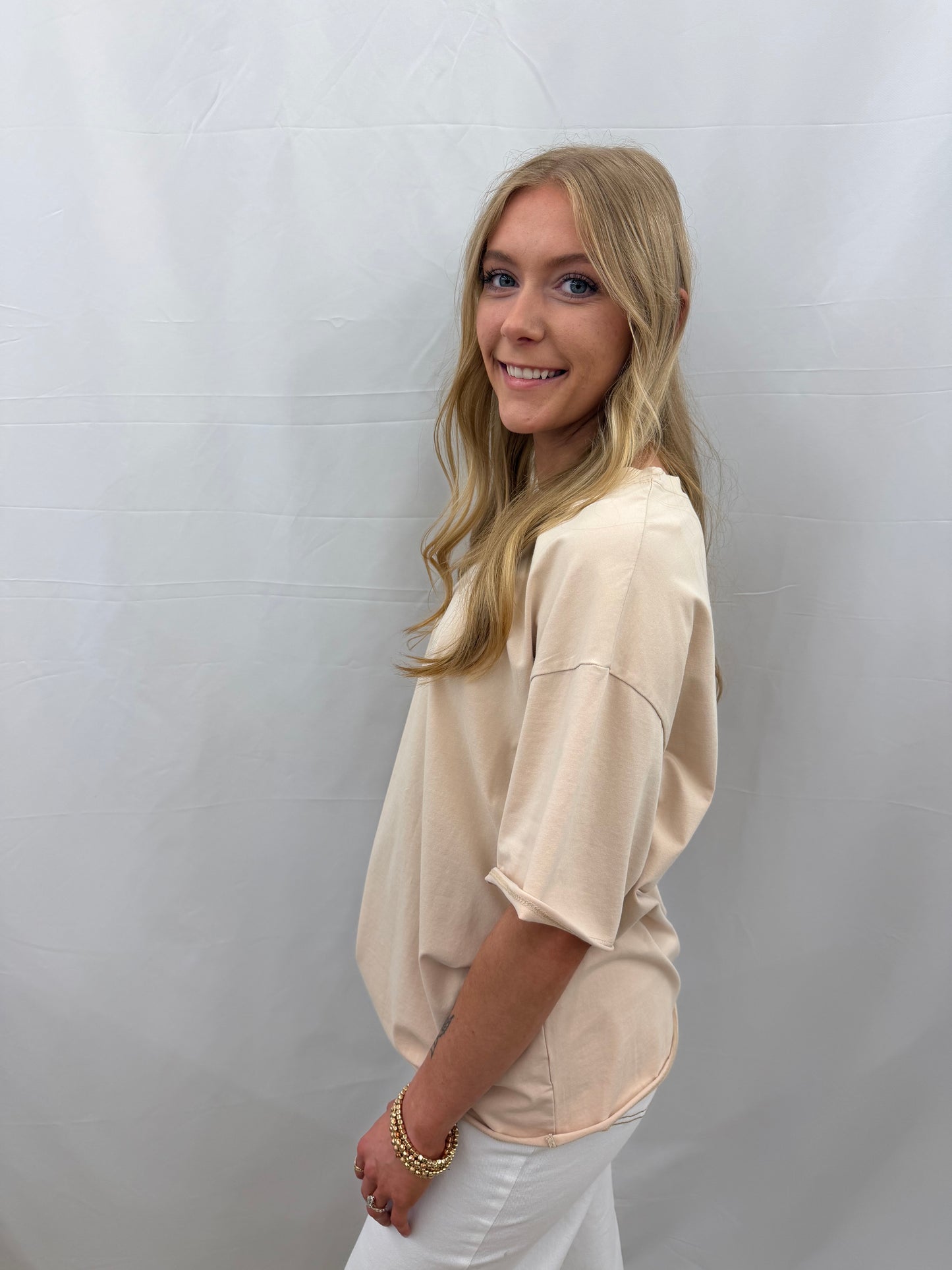 7821-B Southern Grace Beige Boxy Tee Short Sleeve