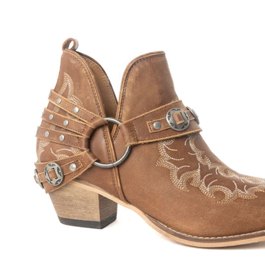 Western Ember Leather Embroidered Booties in Canyon Brown