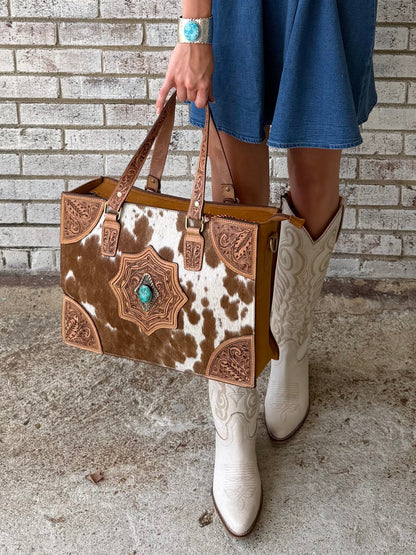 S-13802 Myra Desert Jewel Handtooled Hairon Leather Concealed Carry Bag in Timber Brown