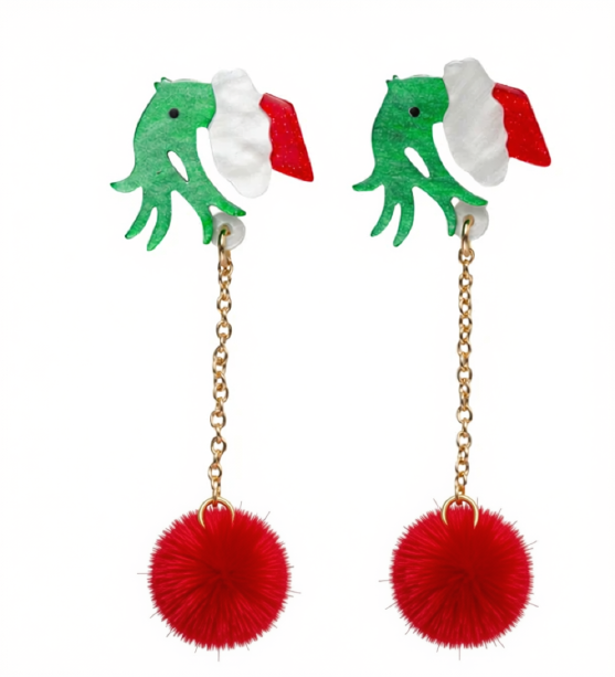 JM70678E-1 Jane Marie Acrylic Grinch Hand Earring with Red Pom 0