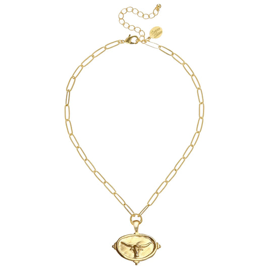 3696LH Susan Shaw Gold Plated Longhorn Intaglio Paperclip Necklace