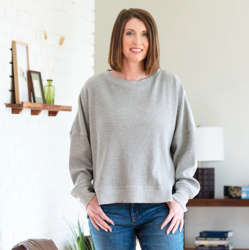 Comfy Cozy Long Sleeve Waffle Knit Top in Grey