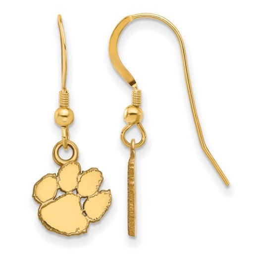 Sterling Silver Gold Plated Clemson University Tiger Paw Extra Small Dangle Wire Earrings