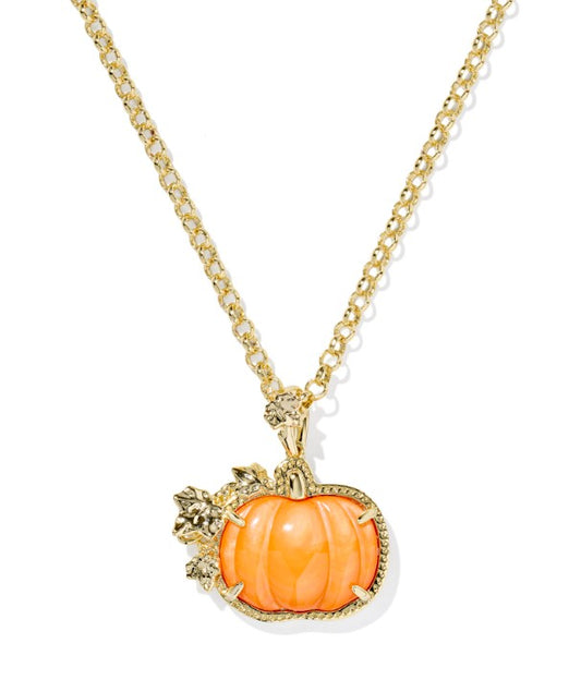 Kendra Scott Pumpkin Long Necklace in Gold Orange Mother of Pearl