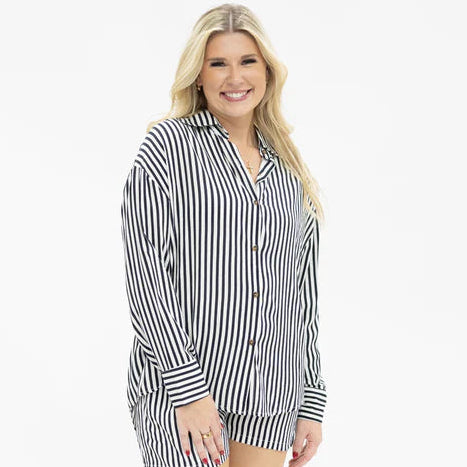 7660S-BK Grace & Emma Kathryn Classic Button Up in Black Stripes
