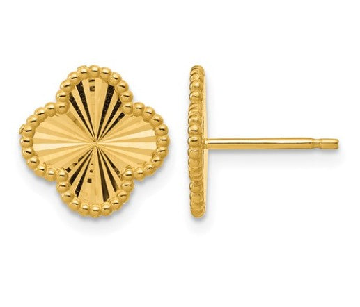 14K Yellow Gold Polished & Diamond Cut Clover Post Earrings